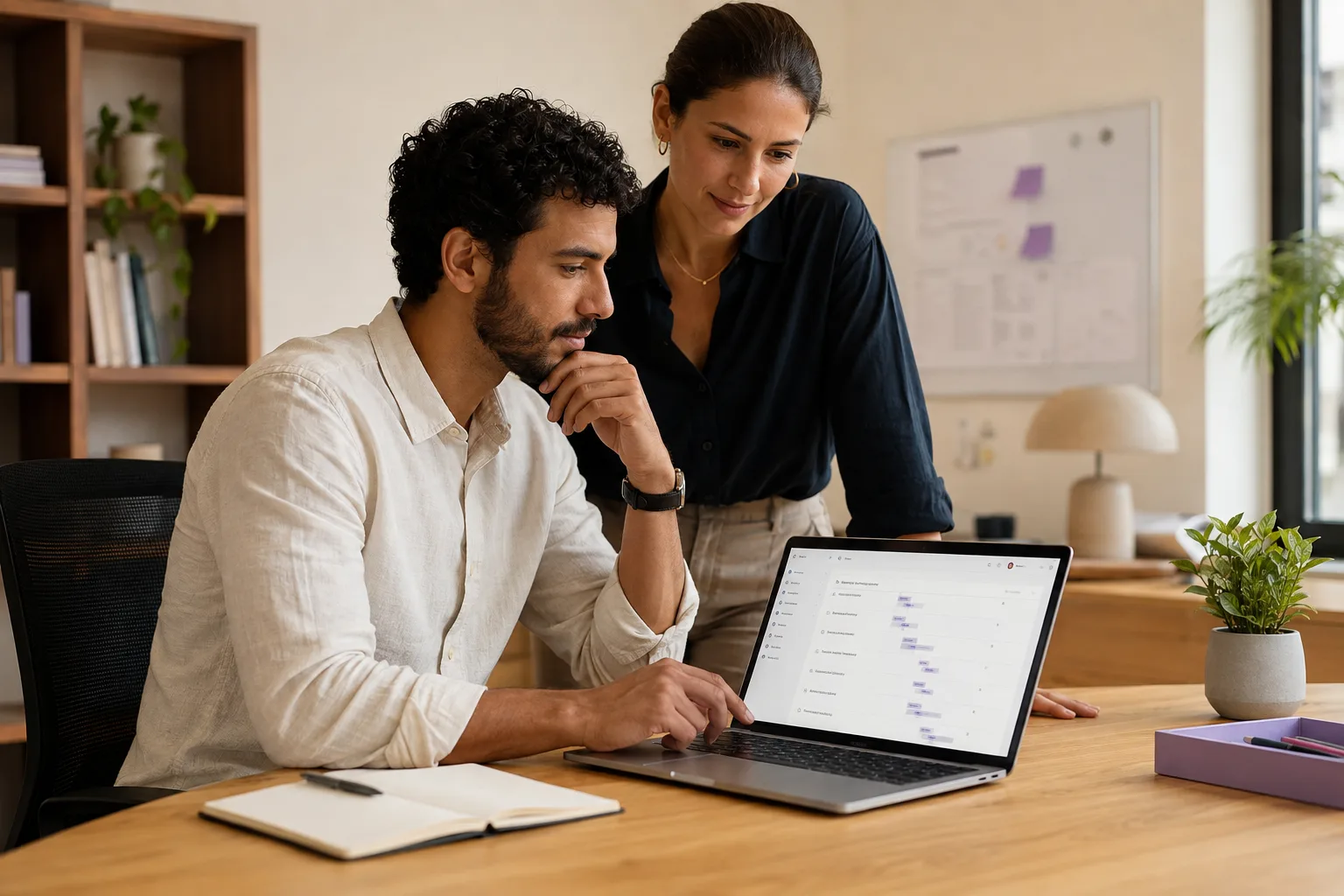 Two colleagues reviewing a workflow together in a sunlit office.