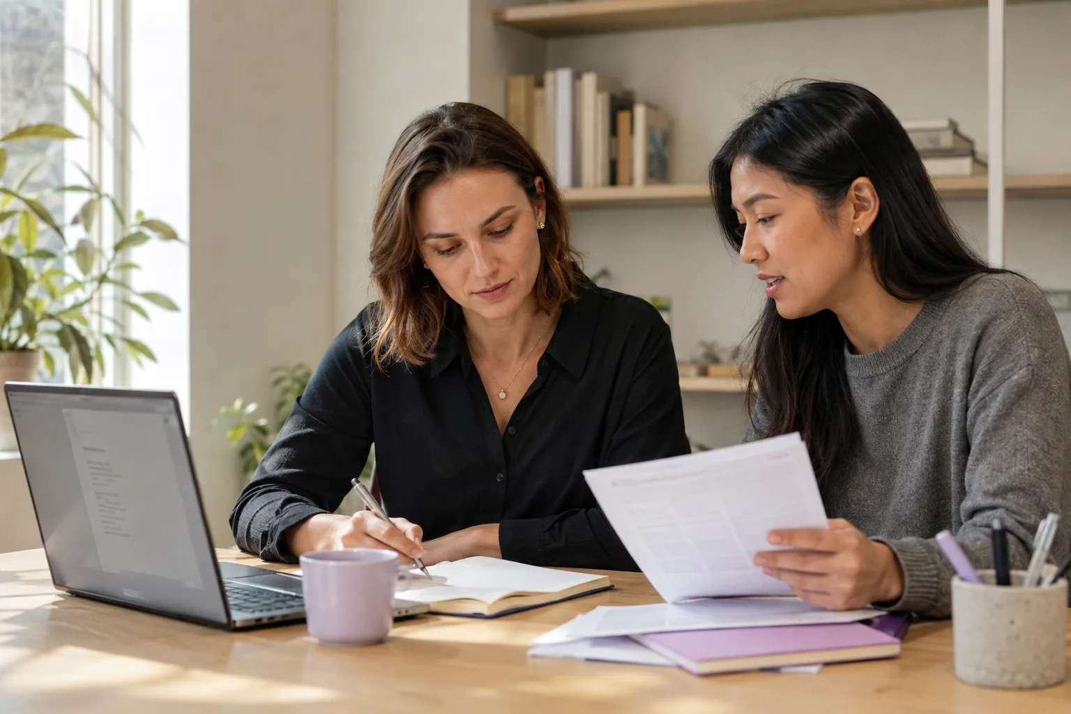 Two colleagues working on a team guide in a sunlit office.