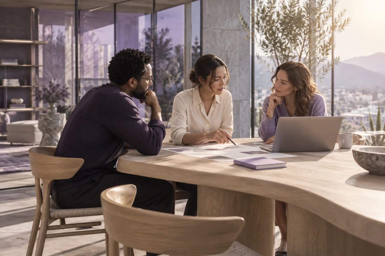 Three colleagues discussing a project around a table in a sunlit studio.