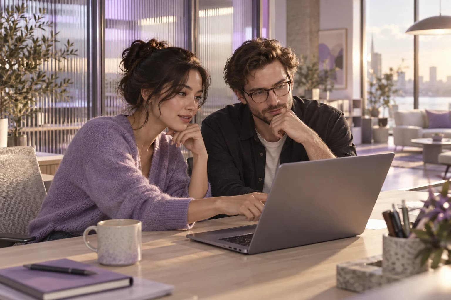 Two colleagues reviewing development work together at a laptop.